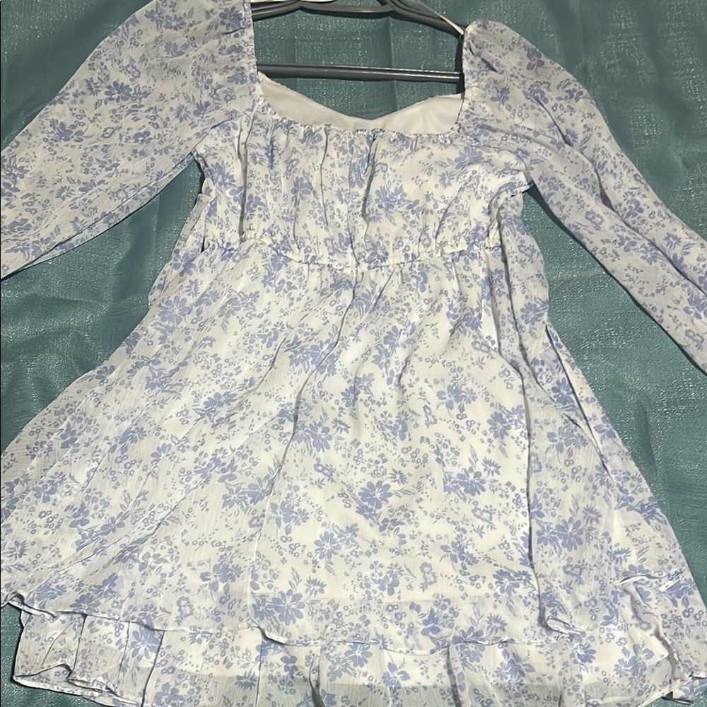 Blue and White Puff Sleeve Tiered Mini Dress